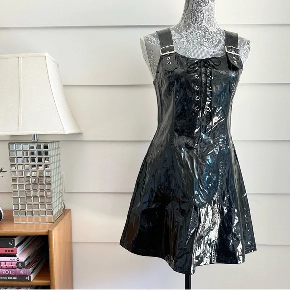 Vintage Lip Service Black Vinyl Pinafore Dress size M Y2K made in USA - Picture 1 of 13
